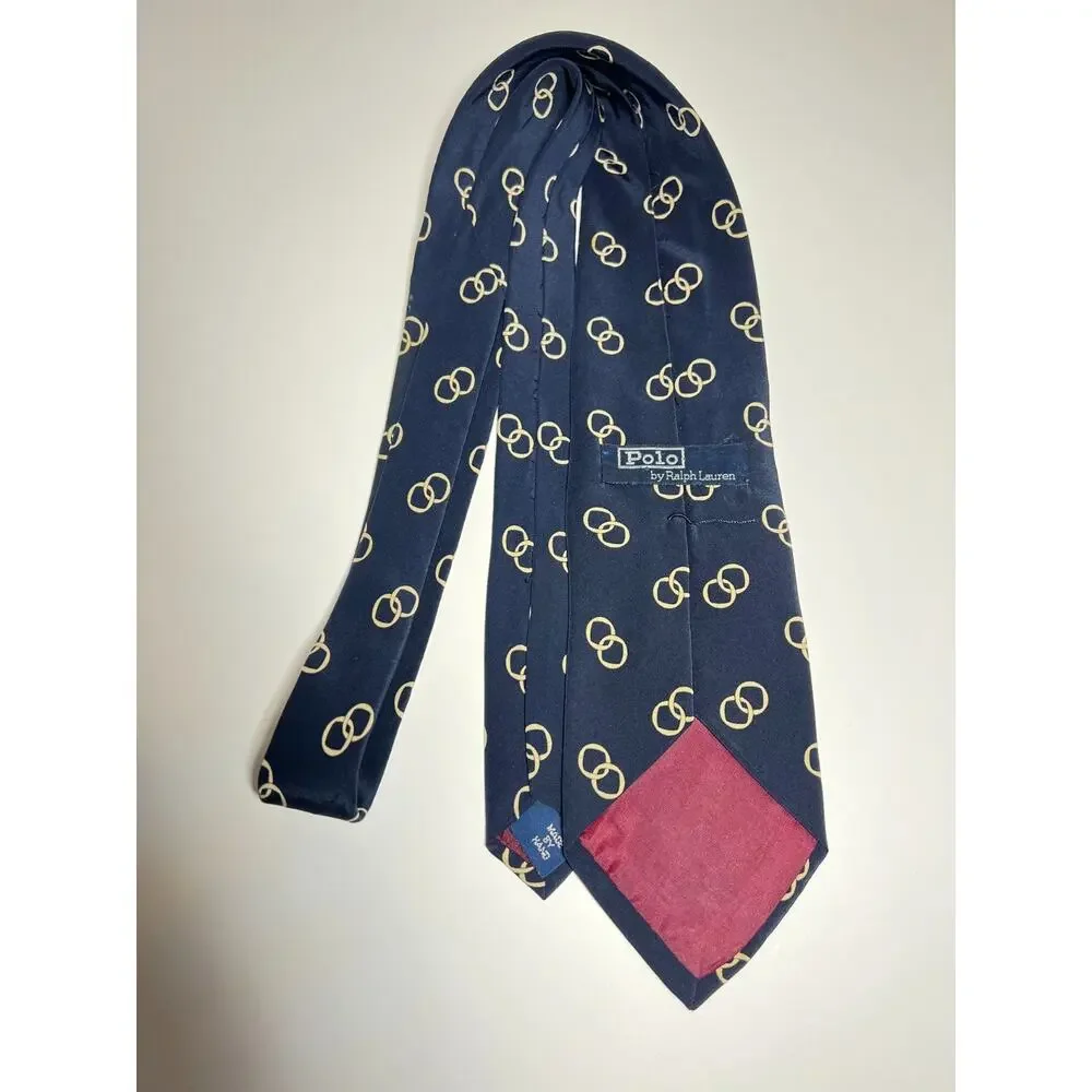 Polo Ralph Lauren EUC Navy Interlocking Ring 100% Silk Tie Necktie 57